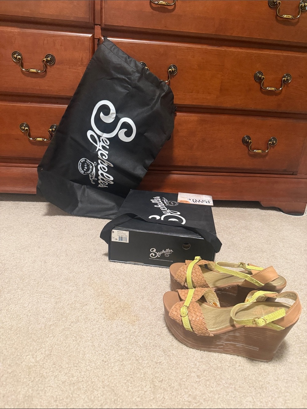 Seychelles Tan Woven Wedge Sandals with Lime green Straps